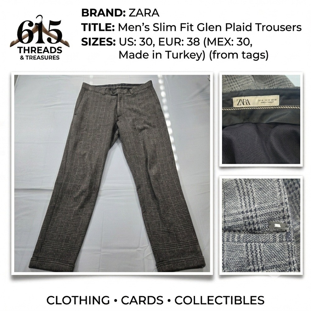 Zara Mens Slim Fit Glen Plaid Trousers Brown Navy Check Pants Size 30